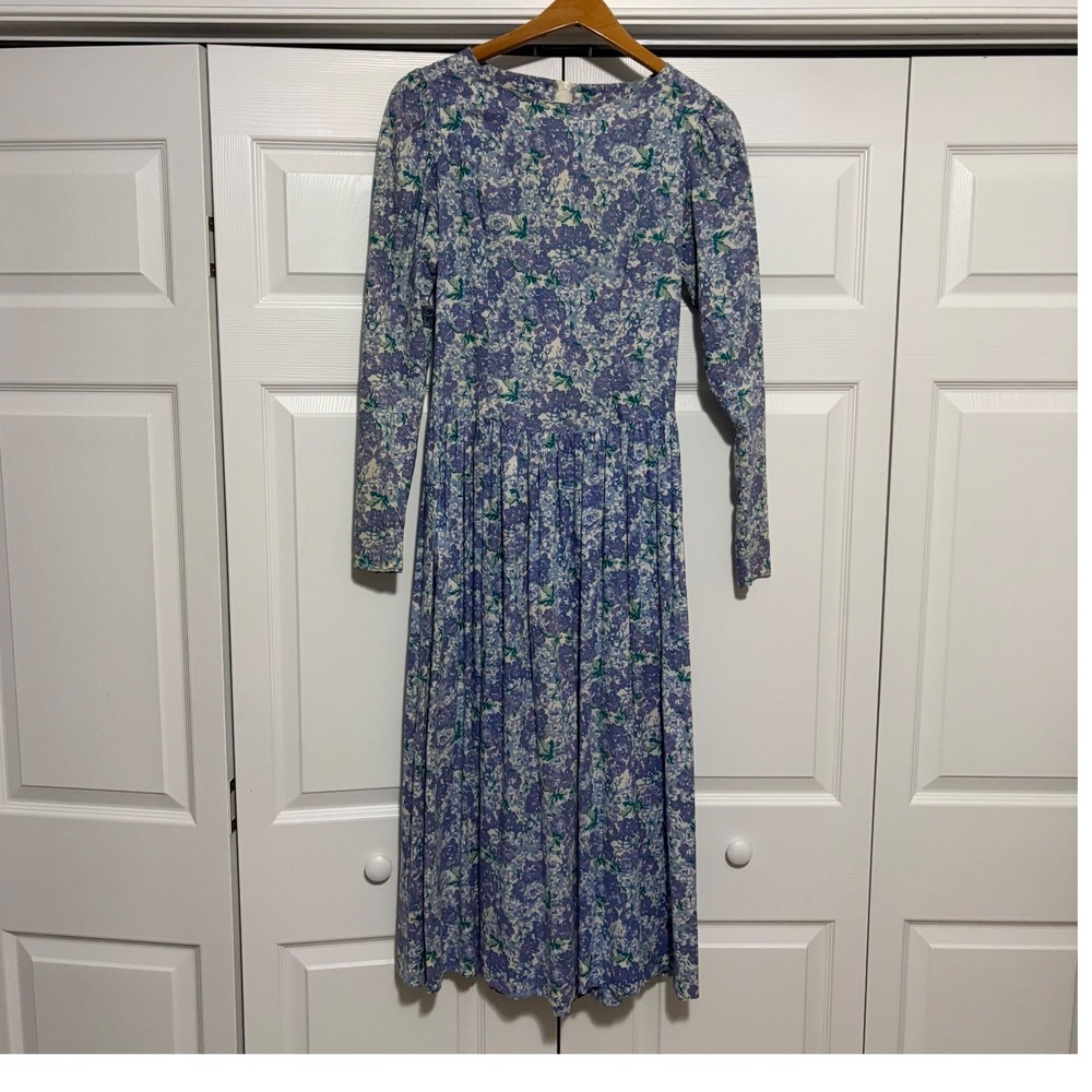 Vintage 90s Laura Ashley Floral Midi Dress Womens 12 Purple Blue Cottage Core UK